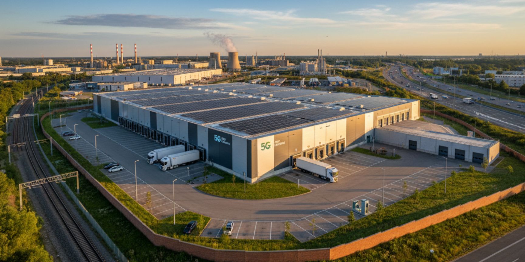 Eine moderne Logistikhalle mit Solarpaneelen auf dem Dach, umgeben von LKW-Laderampen und Parkplätzen, in einem Industriegebiet. Im Hintergrund sind weitere Industrieanlagen, eine Autobahn und Bahngleise zu sehen, was die multimodale Anbindung symbolisiert. Der Himmel zeigt einen klaren Sonnenuntergang.